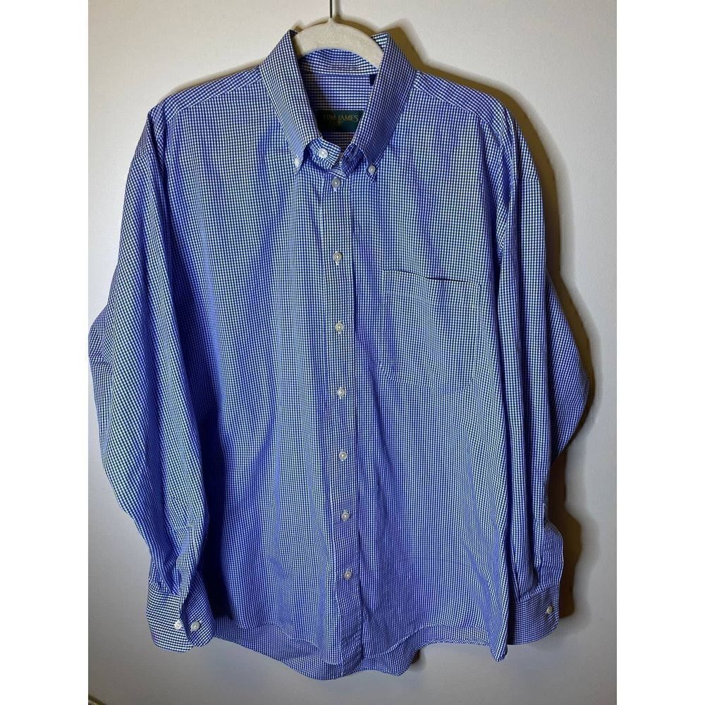 Tom James Dress Shirt Blue and White Gingham Size Large